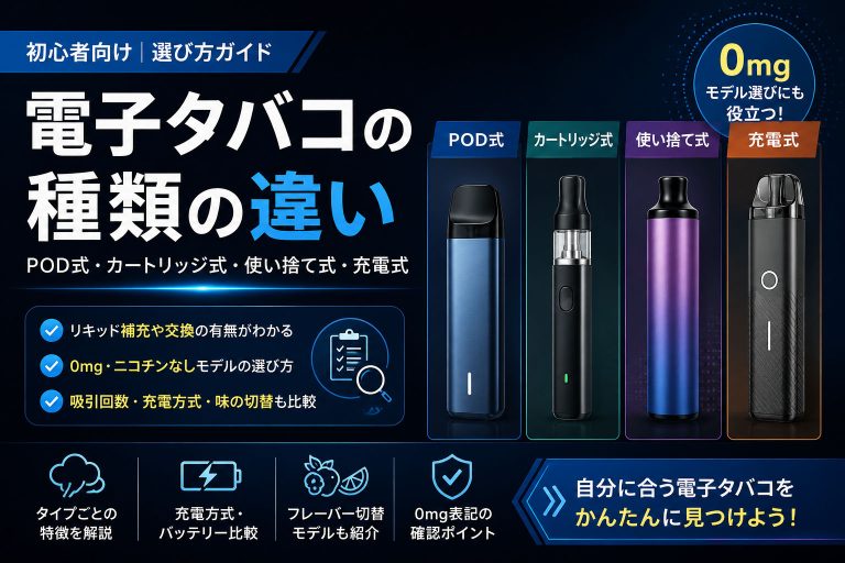 POD式、カートリッジ式、使い捨て式、充電式の電子タバコの違いを比較した初心者向け選び方ガイド画像