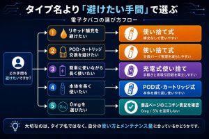 POD式、カートリッジ式、使い捨て式、充電式の分類基準の違いを示した電子タバコの種類比較図