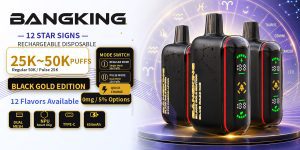 Bangking Pluse 25K〜50K Black Gold Editionの横長バナー。12星座デザイン、25000〜50000回吸引目安、NPUスマートチップ、Dual Mesh、USB Type-C、650mAhを紹介。